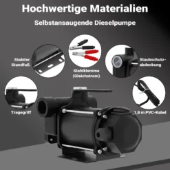 Wiltec Bio Dieselpumpe 12 V, 550 W, 80 l/min, Heizölpumpe selbstansaugend, Absaugpumpe für Diesel, Biodiesel, Heizöl, tragbare mobile Umfüllpumpe