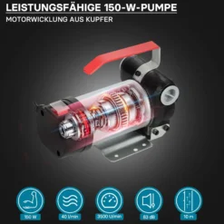 Wiltec Bio Dieselpumpe 12 V, 150 W, 40 l/min, Heizölpumpe selbstansaugend, Absaugpumpe für Diesel, Biodiesel, Heizöl, tragbare mobile Umfüllpumpe mit Zapfpistole und Schläuchen