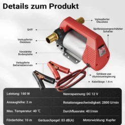 Wiltec Bio Dieselpumpe 12 V, 160 W, 40 l/min, Heizölpumpe selbstansaugend, Absaugpumpe für Diesel, Biodiesel, Heizöl, tragbare mobile Umfüllpumpe
