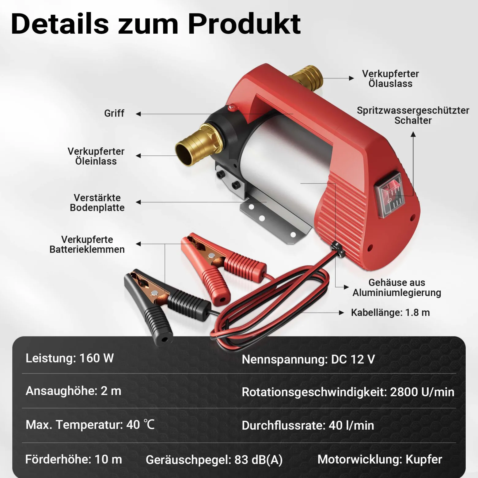 Wiltec Bio Dieselpumpe 12 V, 160 W, 40 l/min, Heizölpumpe selbstansaugend, Absaugpumpe für Diesel, Biodiesel, Heizöl, tragbare mobile Umfüllpumpe