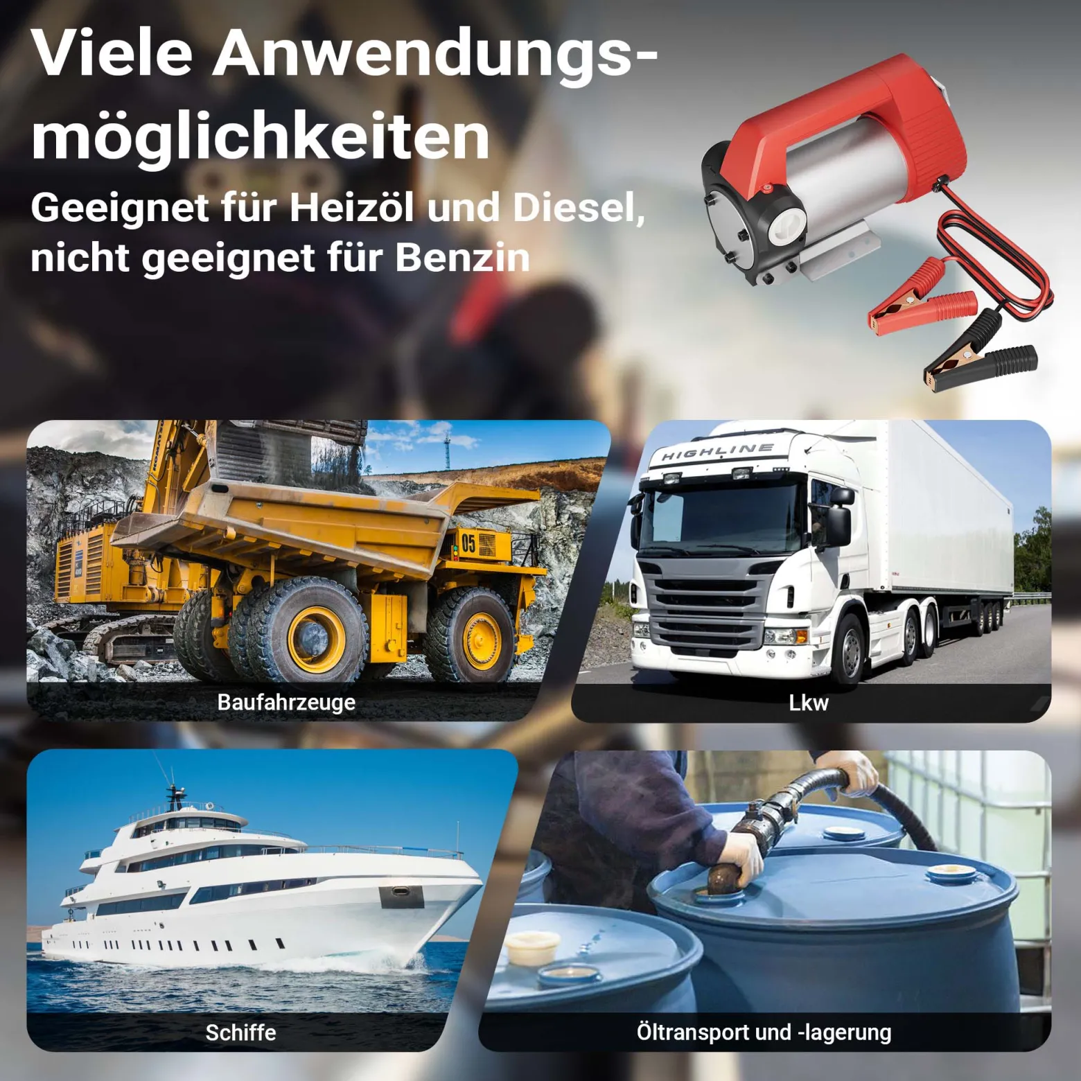 Wiltec Bio Dieselpumpe 12 V, 160 W, 40 l/min, Heizölpumpe selbstansaugend, Absaugpumpe für Diesel, Biodiesel, Heizöl, tragbare mobile Umfüllpumpe