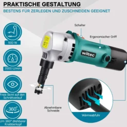 Wiltec Blechknabber 500 W mit Schnitttiefe bis 2,5 mm, Blechnibbler mit um 360° drehbarem Knabberkopf, Nibbler Blechschere