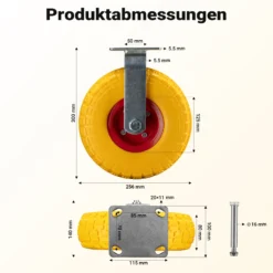 Wiltec Bockrolle Ø258 und 78mm Breite Transportrolle Vollmaterial mit Metallfelgen gelb pannensicher bis 150kg Apparaterolle leiser Lauf