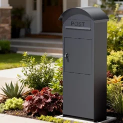 Wiltec Briefkasten anthrazit 420 x 240 x 1020 mm, Standbriefkasten zur Bodenmontage mit Schloss, abschließbarer Postkasten aus Stahl mit Dach