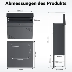 Wiltec Briefkasten Anthrazit V63 aus Stahl 37 x 11 x 37 cm, Wandbriefkasten mit Zeitungsfach und Schlüssel