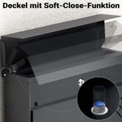 Wiltec Briefkasten Anthrazit V63 aus Stahl 37 x 11 x 37 cm, Wandbriefkasten mit Zeitungsfach und Schlüssel