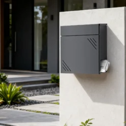 Wiltec Briefkasten Anthrazit V63 aus Stahl 37 x 11 x 37 cm, Wandbriefkasten mit Zeitungsfach und Schlüssel