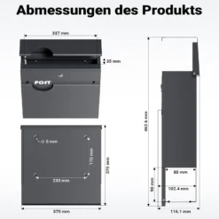 Wiltec Briefkasten Anthrazit V62 aus Stahl 37 x 11 x 37 cm, Wandbriefkasten mit Zeitungsfach und Schlüssel