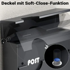 Wiltec Briefkasten Anthrazit V62 aus Stahl 37 x 11 x 37 cm, Wandbriefkasten mit Zeitungsfach und Schlüssel