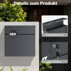 Wiltec Briefkasten Anthrazit V62 aus Stahl 37 x 11 x 37 cm, Wandbriefkasten mit Zeitungsfach und Schlüssel