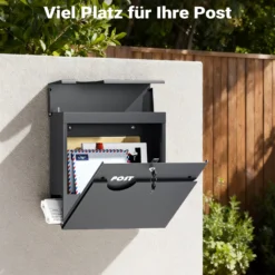 Wiltec Briefkasten Anthrazit V62 aus Stahl 37 x 11 x 37 cm, Wandbriefkasten mit Zeitungsfach und Schlüssel