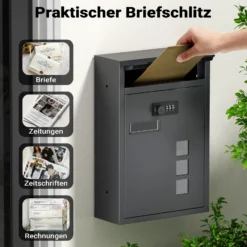 Wiltec Briefkasten anthrazit 215x320x90mm Briefkasten mit Zahlenschloss, Namensschild und Sichtfenster Postkasten aus pulverbeschichtetem Stahl