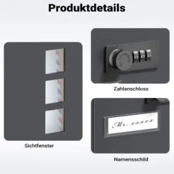 Wiltec Briefkasten anthrazit 215x320x90mm Briefkasten mit Zahlenschloss, Namensschild und Sichtfenster Postkasten aus pulverbeschichtetem Stahl