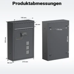 Wiltec Briefkasten anthrazit 215x320x90mm Briefkasten mit Zahlenschloss, Namensschild und Sichtfenster Postkasten aus pulverbeschichtetem Stahl