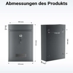 Wiltec Briefkasten anthrazit V2 Postkasten mit Namensschild, großem Briefschlitz und 2 Schlüsseln Wandbriefkasten aus pulverbeschichtetem Stahl