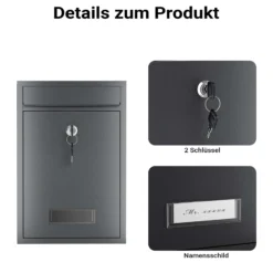 Wiltec Briefkasten anthrazit V2 Postkasten mit Namensschild, großem Briefschlitz und 2 Schlüsseln Wandbriefkasten aus pulverbeschichtetem Stahl
