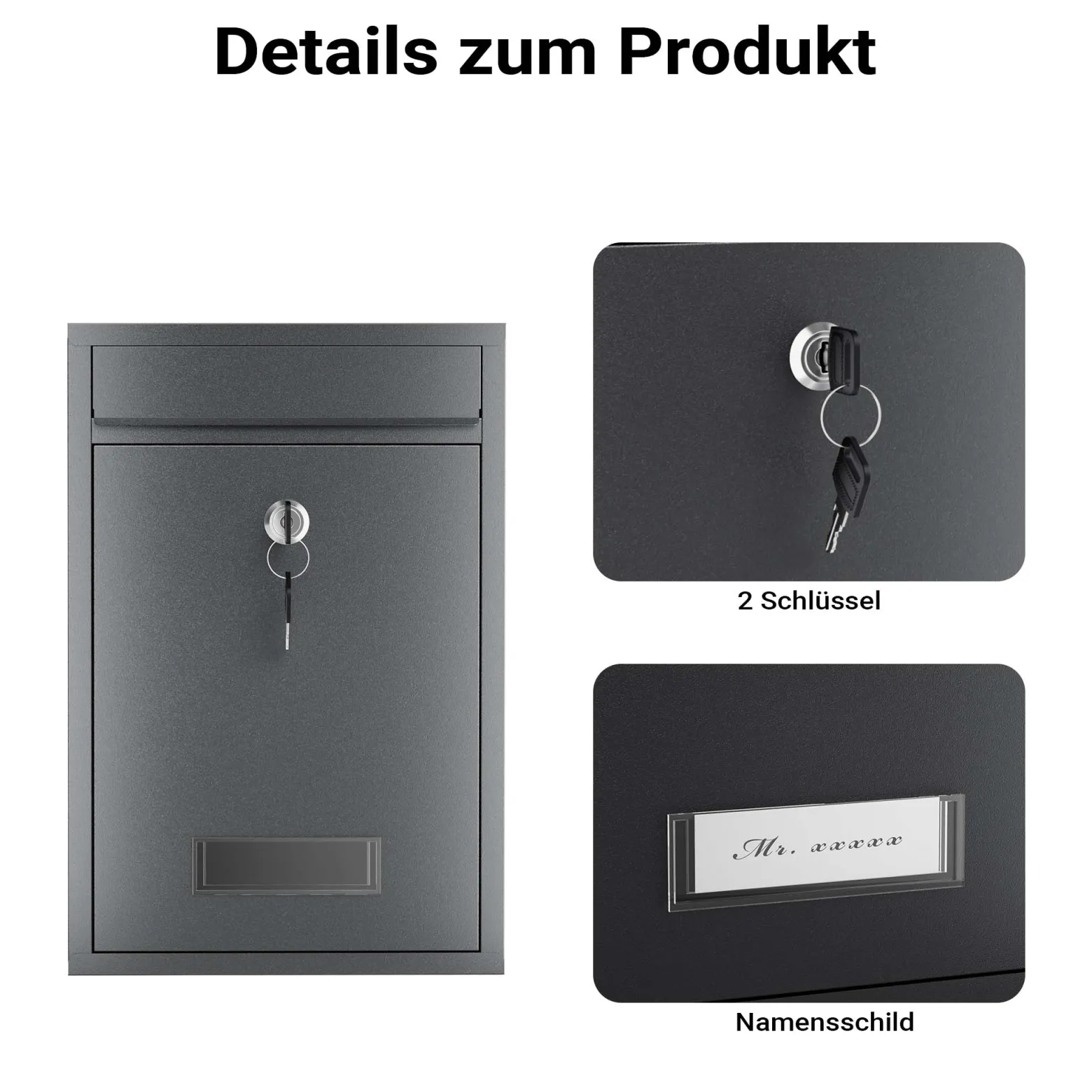 Wiltec Briefkasten anthrazit V2 Postkasten mit Namensschild, großem Briefschlitz und 2 Schlüsseln Wandbriefkasten aus pulverbeschichtetem Stahl