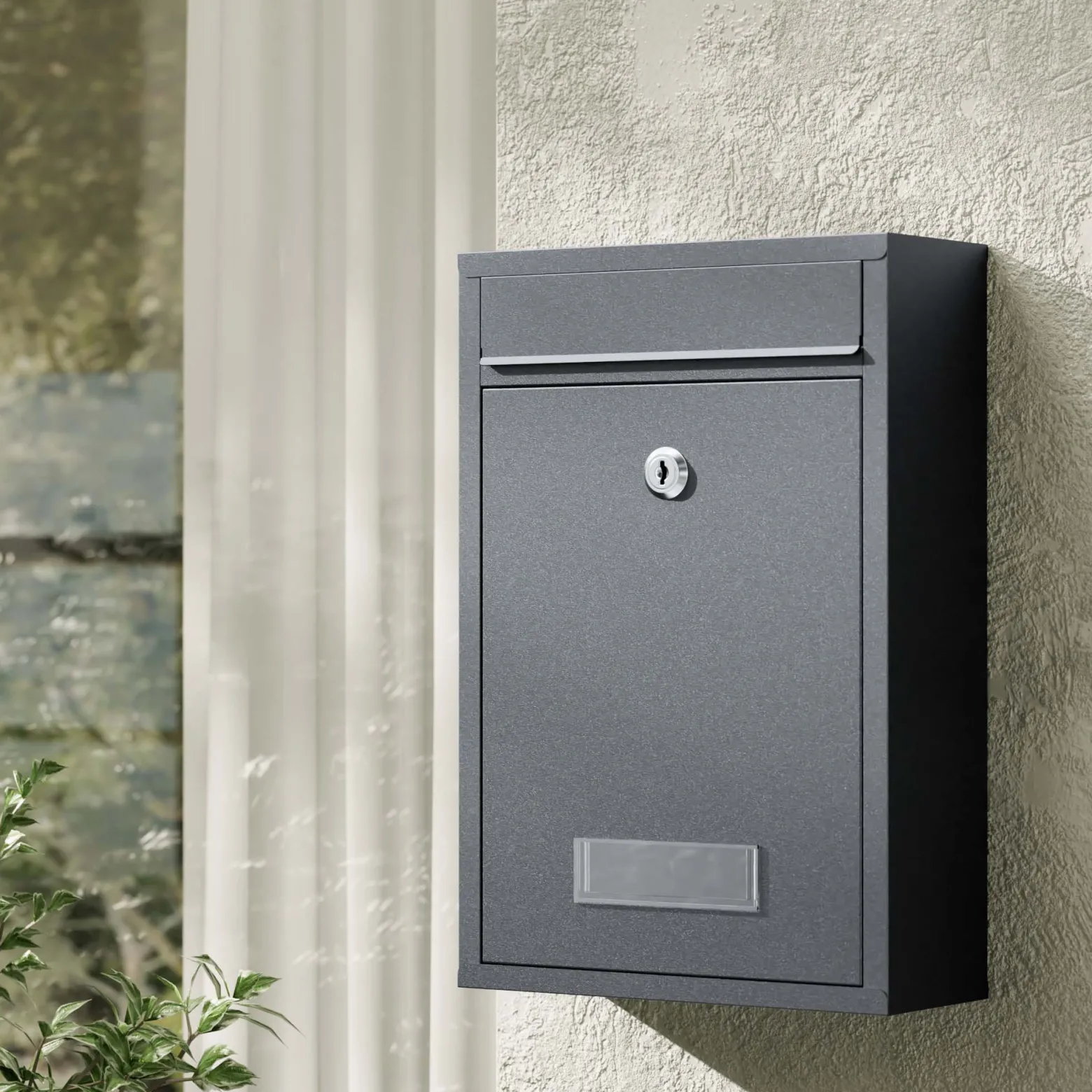 Wiltec Briefkasten anthrazit V2 Postkasten mit Namensschild, großem Briefschlitz und 2 Schlüsseln Wandbriefkasten aus pulverbeschichtetem Stahl