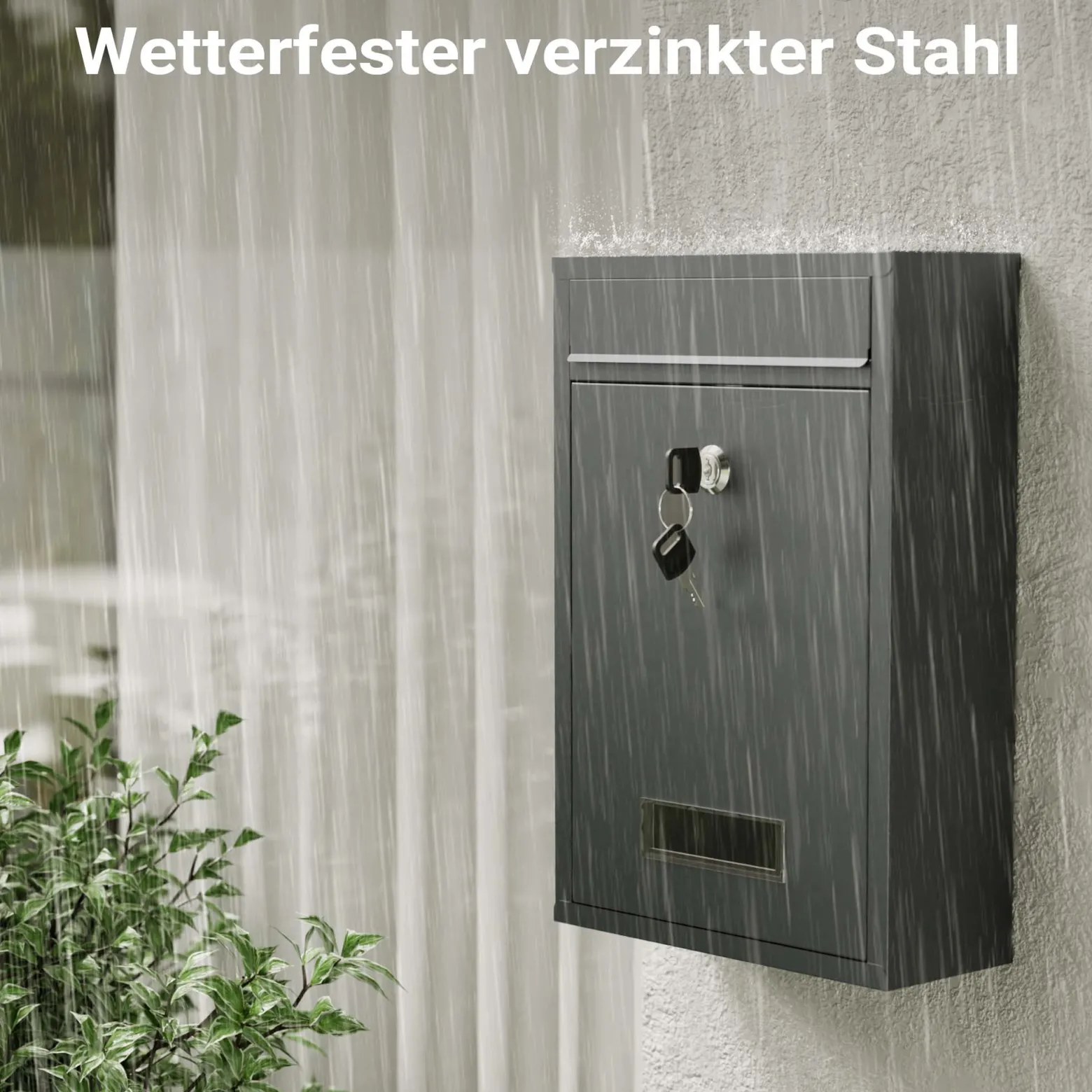 Wiltec Briefkasten anthrazit V2 Postkasten mit Namensschild, großem Briefschlitz und 2 Schlüsseln Wandbriefkasten aus pulverbeschichtetem Stahl