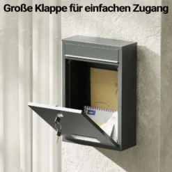 Wiltec Briefkasten anthrazit V2 Postkasten mit Namensschild, großem Briefschlitz und 2 Schlüsseln Wandbriefkasten aus pulverbeschichtetem Stahl