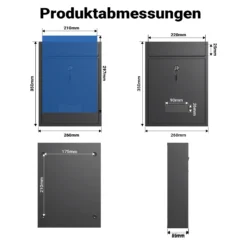 Wiltec Briefkasten anthrazit V10 Postkasten mit Namensschild, großem Briefschlitz und 2 Schlüsseln Wandbriefkasten aus pulverbeschichtetem Stahl