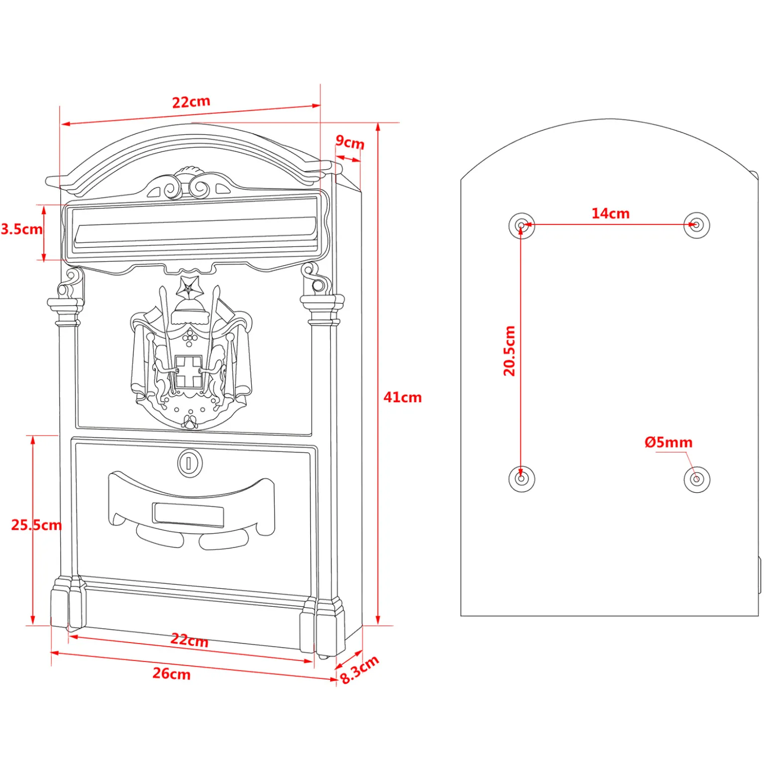 Wiltec Briefkasten Antik Design weiß 260 x 90 x 400 mm, Wandbriefkasten mit Schloss, Namensschild und Sichtschlitzen, Postkasten aus Stahl