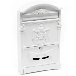 Wiltec Briefkasten Antik Design weiß 260 x 90 x 400 mm, Wandbriefkasten mit Schloss, Namensschild und Sichtschlitzen, Postkasten aus Stahl