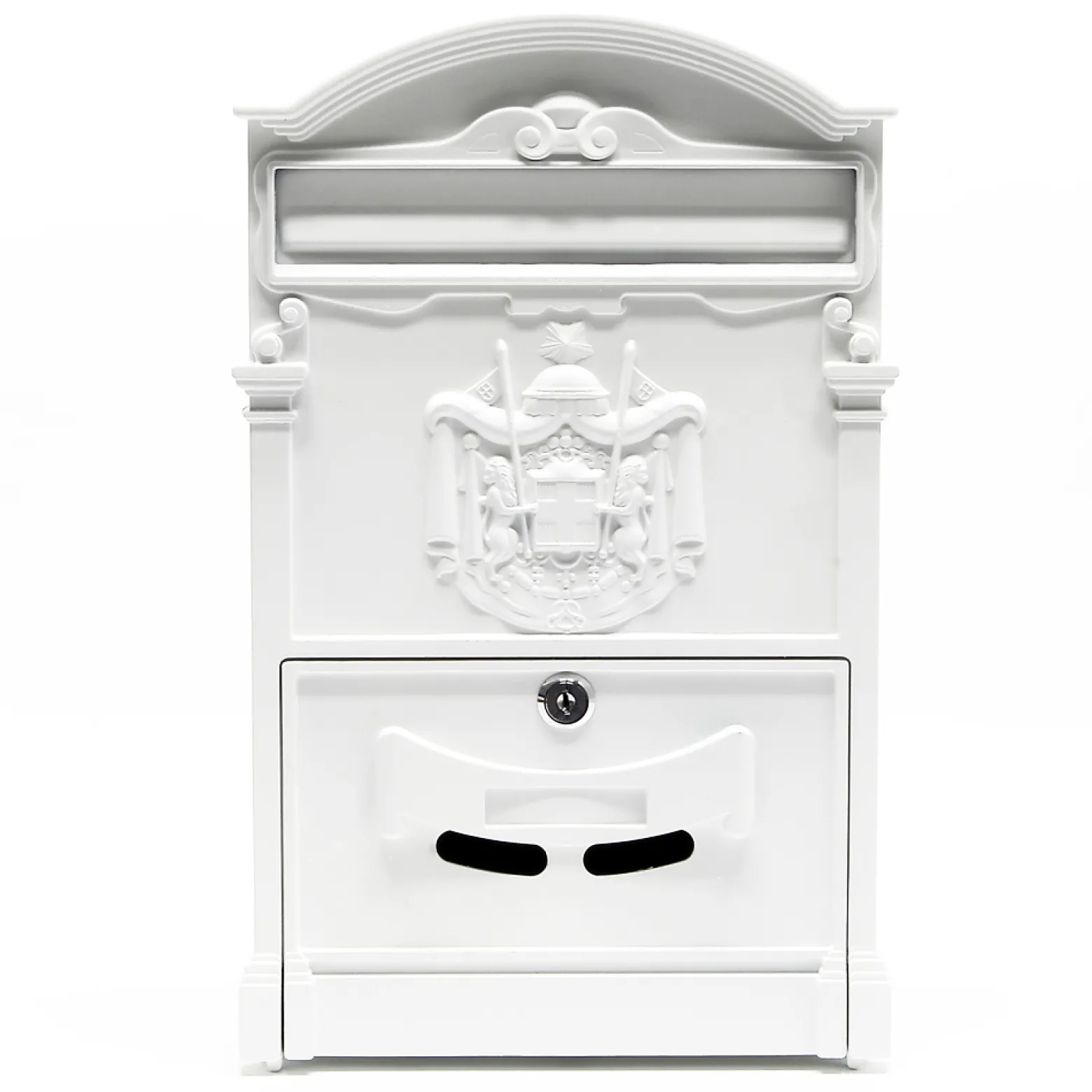 Wiltec Briefkasten Antik Design weiß 260 x 90 x 400 mm, Wandbriefkasten mit Schloss, Namensschild und Sichtschlitzen, Postkasten aus Stahl