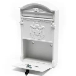 Wiltec Briefkasten Antik Design weiß 260 x 90 x 400 mm, Wandbriefkasten mit Schloss, Namensschild und Sichtschlitzen, Postkasten aus Stahl