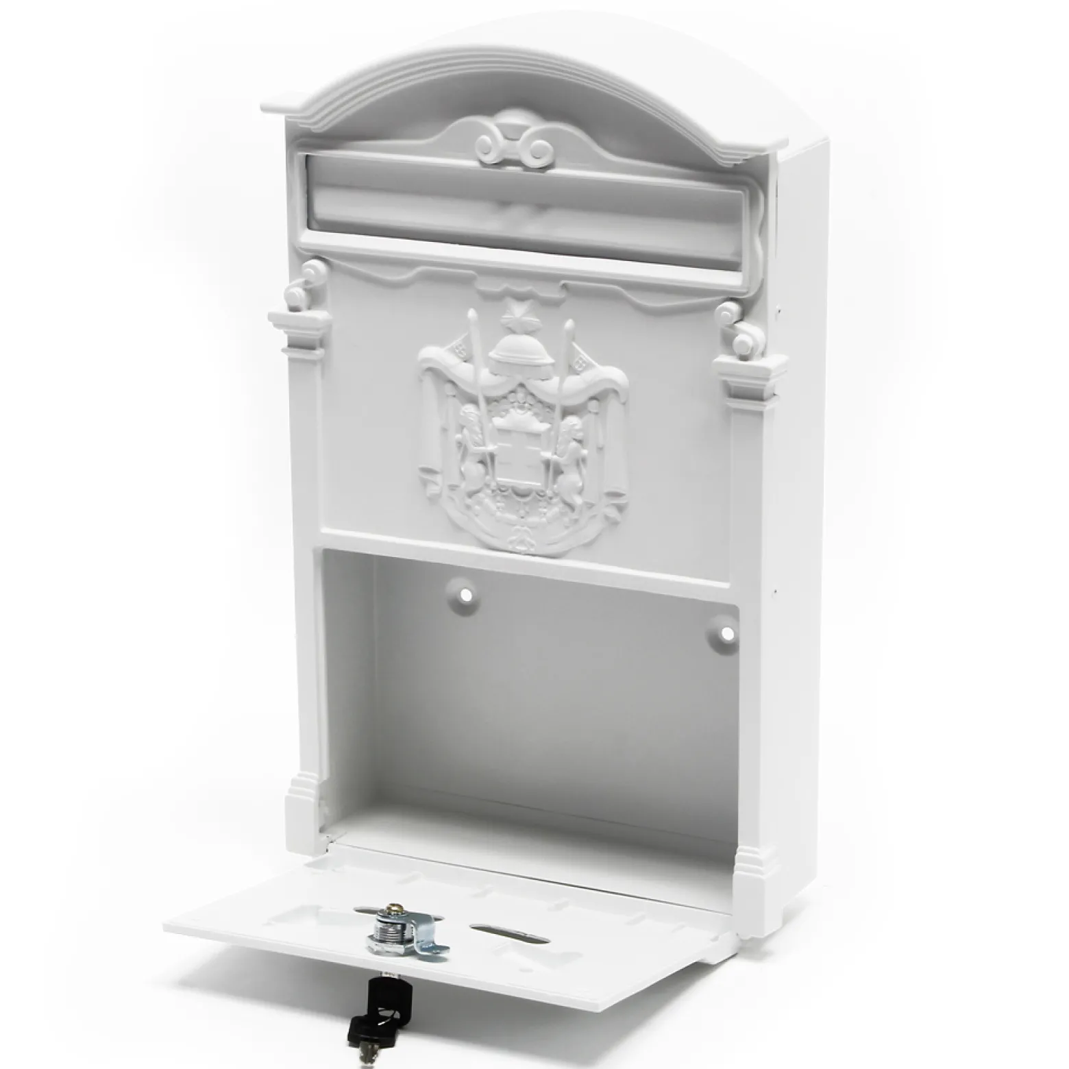 Wiltec Briefkasten Antik Design weiß 260 x 90 x 400 mm, Wandbriefkasten mit Schloss, Namensschild und Sichtschlitzen, Postkasten aus Stahl