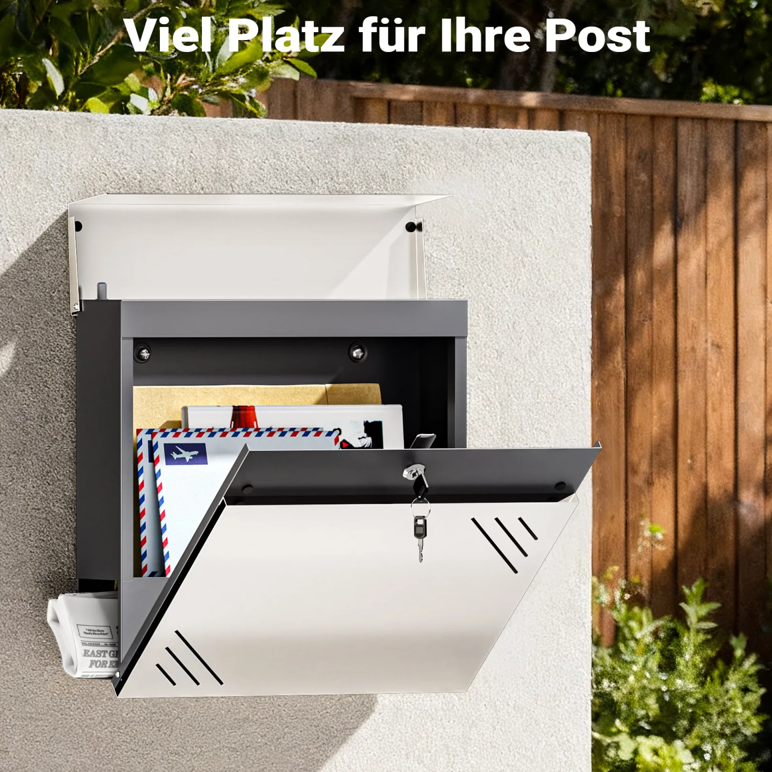 Wiltec Briefkasten Edelstahl V63 37 x 11 x 37 cm, Wandbriefkasten mit Zeitungsfach und Schlüssel
