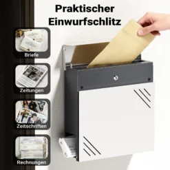 Wiltec Briefkasten Edelstahl V63 37 x 11 x 37 cm, Wandbriefkasten mit Zeitungsfach und Schlüssel
