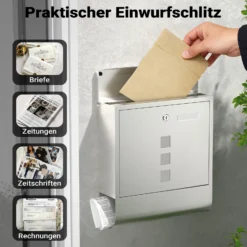 Wiltec Briefkasten mit Zeitungsrolle 305 x 95 x 335 mm, Wandbriefkasten mit Namensschild, Sichtfenstern, Schloss und Zeitungsrolle, Postkasten aus Edelstahl