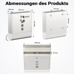Wiltec Briefkasten mit Zeitungsrolle 305 x 95 x 335 mm, Wandbriefkasten mit Namensschild, Sichtfenstern, Schloss und Zeitungsrolle, Postkasten aus Edelstahl