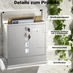 Wiltec Briefkasten mit Zeitungsrolle 305 x 95 x 335 mm, Wandbriefkasten mit Namensschild, Sichtfenstern, Schloss und Zeitungsrolle, Postkasten aus Edelstahl