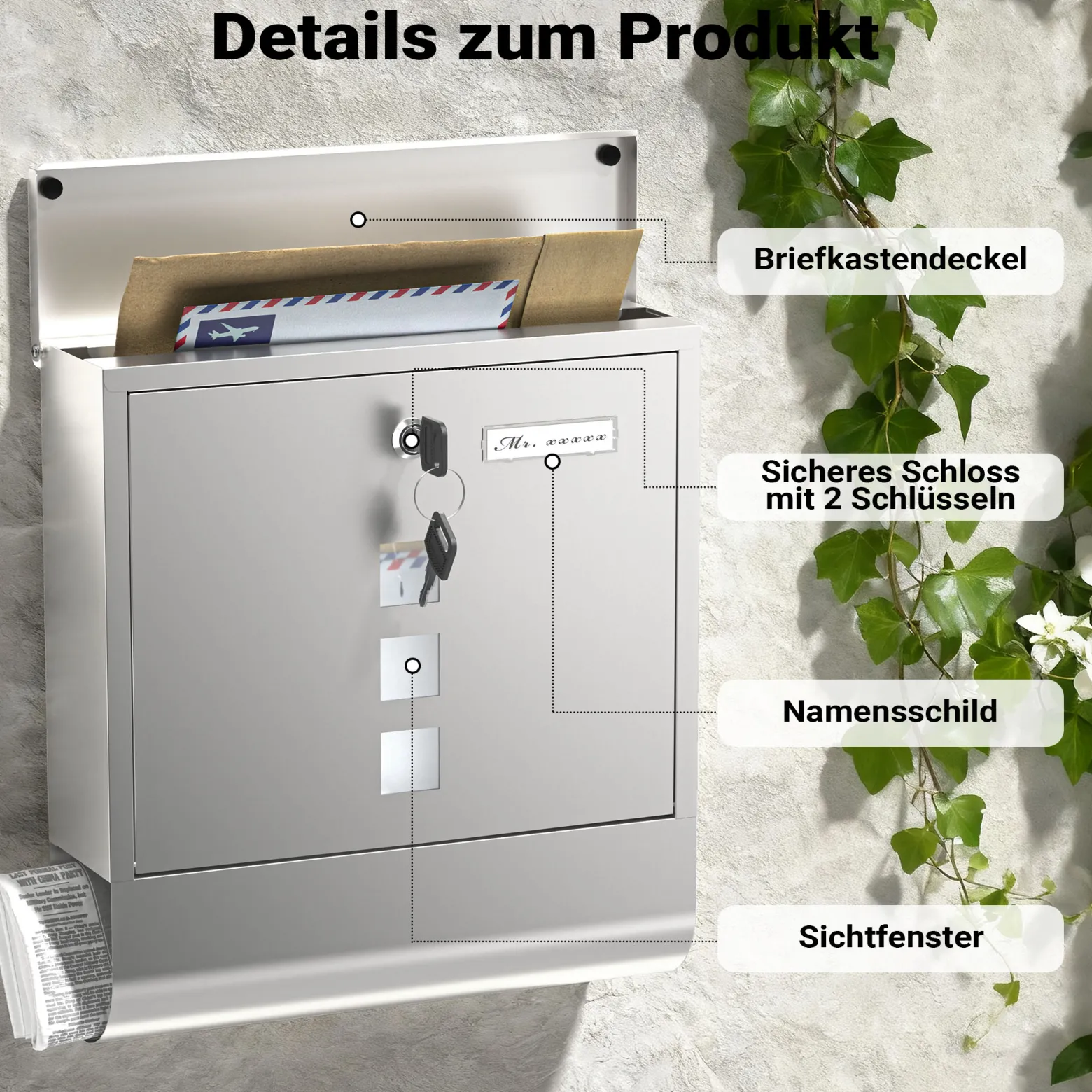 Wiltec Briefkasten mit Zeitungsrolle 305 x 95 x 335 mm, Wandbriefkasten mit Namensschild, Sichtfenstern, Schloss und Zeitungsrolle, Postkasten aus Edelstahl