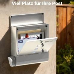Wiltec Briefkasten mit Zeitungsrolle 305 x 95 x 335 mm, Wandbriefkasten mit Namensschild, Sichtfenstern, Schloss und Zeitungsrolle, Postkasten aus Edelstahl