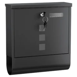 Wiltec Briefkasten mit Zeitungsrolle, schwarz, 305 x 100 x 338 mm, Wandbriefkasten mit Namensschild, Sichtfenstern, Schloss und Zeitungsrolle, Postkasten aus pulverbeschichtetem Stahl
