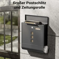 Wiltec Briefkasten mit Zeitungsrolle, schwarz, 305 x 100 x 338 mm, Wandbriefkasten mit Namensschild, Sichtfenstern, Schloss und Zeitungsrolle, Postkasten aus pulverbeschichtetem Stahl