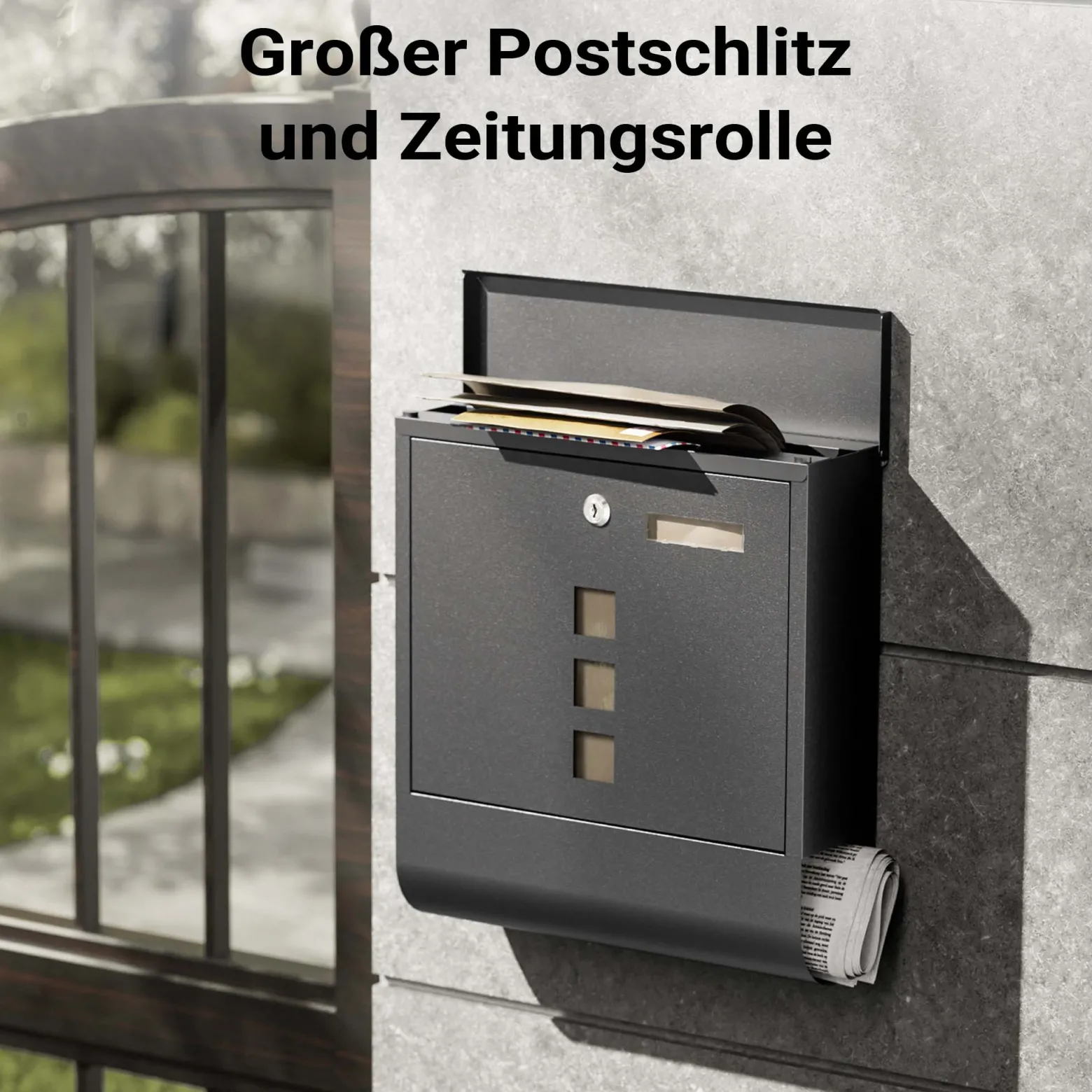 Wiltec Briefkasten mit Zeitungsrolle, schwarz, 305 x 100 x 338 mm, Wandbriefkasten mit Namensschild, Sichtfenstern, Schloss und Zeitungsrolle, Postkasten aus pulverbeschichtetem Stahl