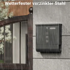 Wiltec Briefkasten mit Zeitungsrolle, schwarz, 305 x 100 x 338 mm, Wandbriefkasten mit Namensschild, Sichtfenstern, Schloss und Zeitungsrolle, Postkasten aus pulverbeschichtetem Stahl