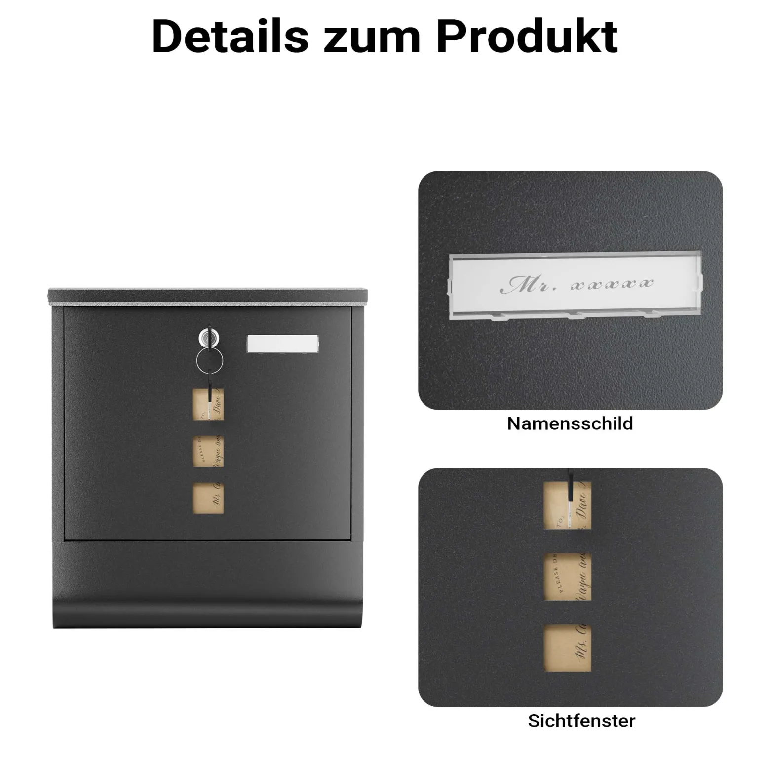 Wiltec Briefkasten mit Zeitungsrolle, schwarz, 305 x 100 x 338 mm, Wandbriefkasten mit Namensschild, Sichtfenstern, Schloss und Zeitungsrolle, Postkasten aus pulverbeschichtetem Stahl