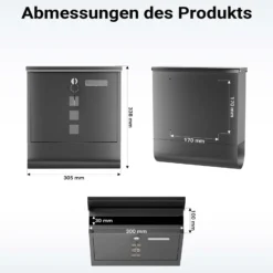 Wiltec Briefkasten mit Zeitungsrolle, schwarz, 305 x 100 x 338 mm, Wandbriefkasten mit Namensschild, Sichtfenstern, Schloss und Zeitungsrolle, Postkasten aus pulverbeschichtetem Stahl