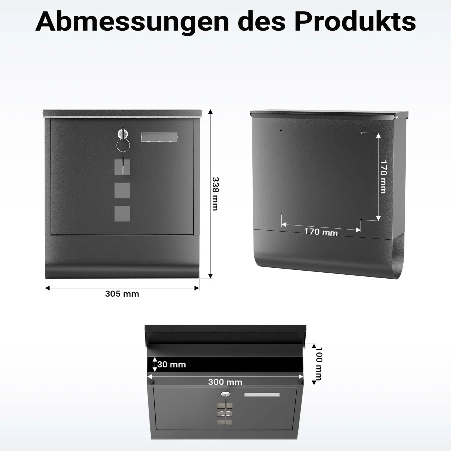 Wiltec Briefkasten mit Zeitungsrolle, schwarz, 305 x 100 x 338 mm, Wandbriefkasten mit Namensschild, Sichtfenstern, Schloss und Zeitungsrolle, Postkasten aus pulverbeschichtetem Stahl