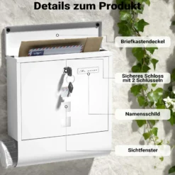 Wiltec Briefkasten mit Zeitungsrolle, weiß, 305 x 95 x 335 mm, Wandbriefkasten mit Namensschild, Sichtfenstern, Schloss und Zeitungsrolle, Postkasten aus pulverbeschichtetem Stahl