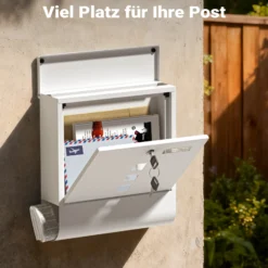 Wiltec Briefkasten mit Zeitungsrolle, weiß, 305 x 95 x 335 mm, Wandbriefkasten mit Namensschild, Sichtfenstern, Schloss und Zeitungsrolle, Postkasten aus pulverbeschichtetem Stahl