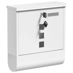Wiltec Briefkasten mit Zeitungsrolle, weiß, 305 x 95 x 335 mm, Wandbriefkasten mit Namensschild, Sichtfenstern, Schloss und Zeitungsrolle, Postkasten aus pulverbeschichtetem Stahl