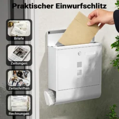 Wiltec Briefkasten mit Zeitungsrolle, weiß, 305 x 95 x 335 mm, Wandbriefkasten mit Namensschild, Sichtfenstern, Schloss und Zeitungsrolle, Postkasten aus pulverbeschichtetem Stahl