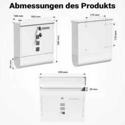 Wiltec Briefkasten mit Zeitungsrolle, weiß, 305 x 95 x 335 mm, Wandbriefkasten mit Namensschild, Sichtfenstern, Schloss und Zeitungsrolle, Postkasten aus pulverbeschichtetem Stahl