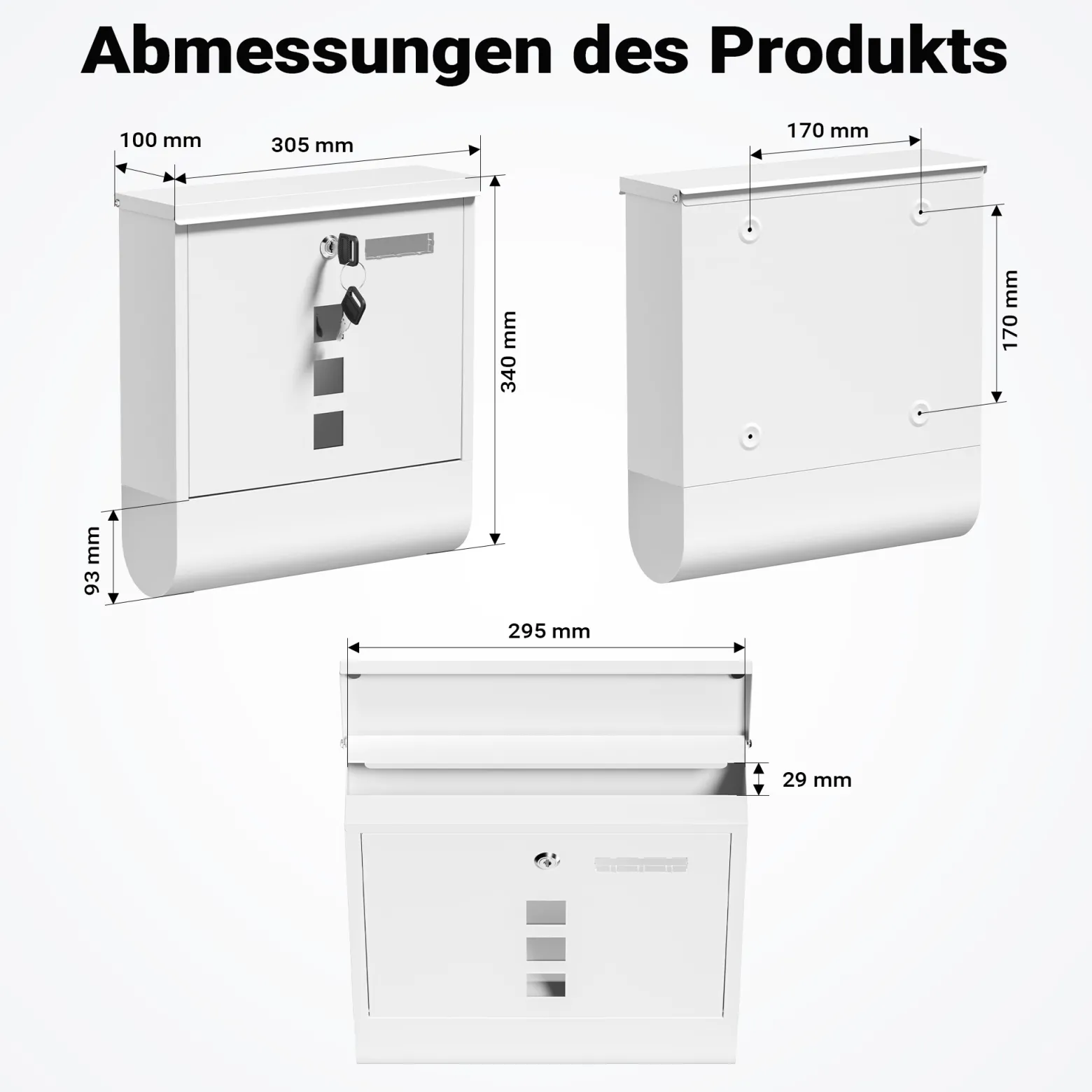 Wiltec Briefkasten mit Zeitungsrolle, weiß, 305 x 95 x 335 mm, Wandbriefkasten mit Namensschild, Sichtfenstern, Schloss und Zeitungsrolle, Postkasten aus pulverbeschichtetem Stahl